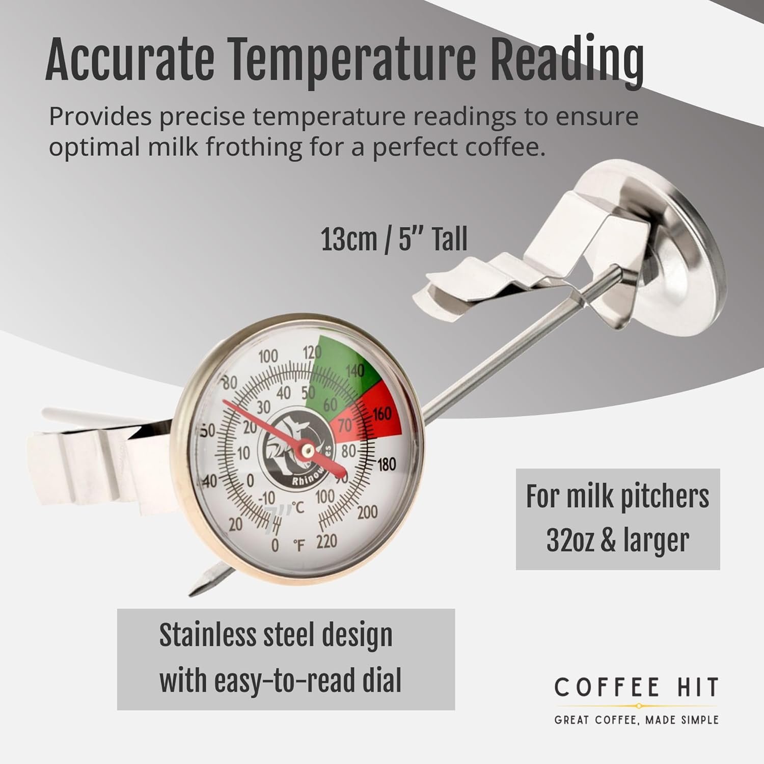 Rhino Coffee Gear Milk Analog Thermometer Short Stem 5" - Image 2
